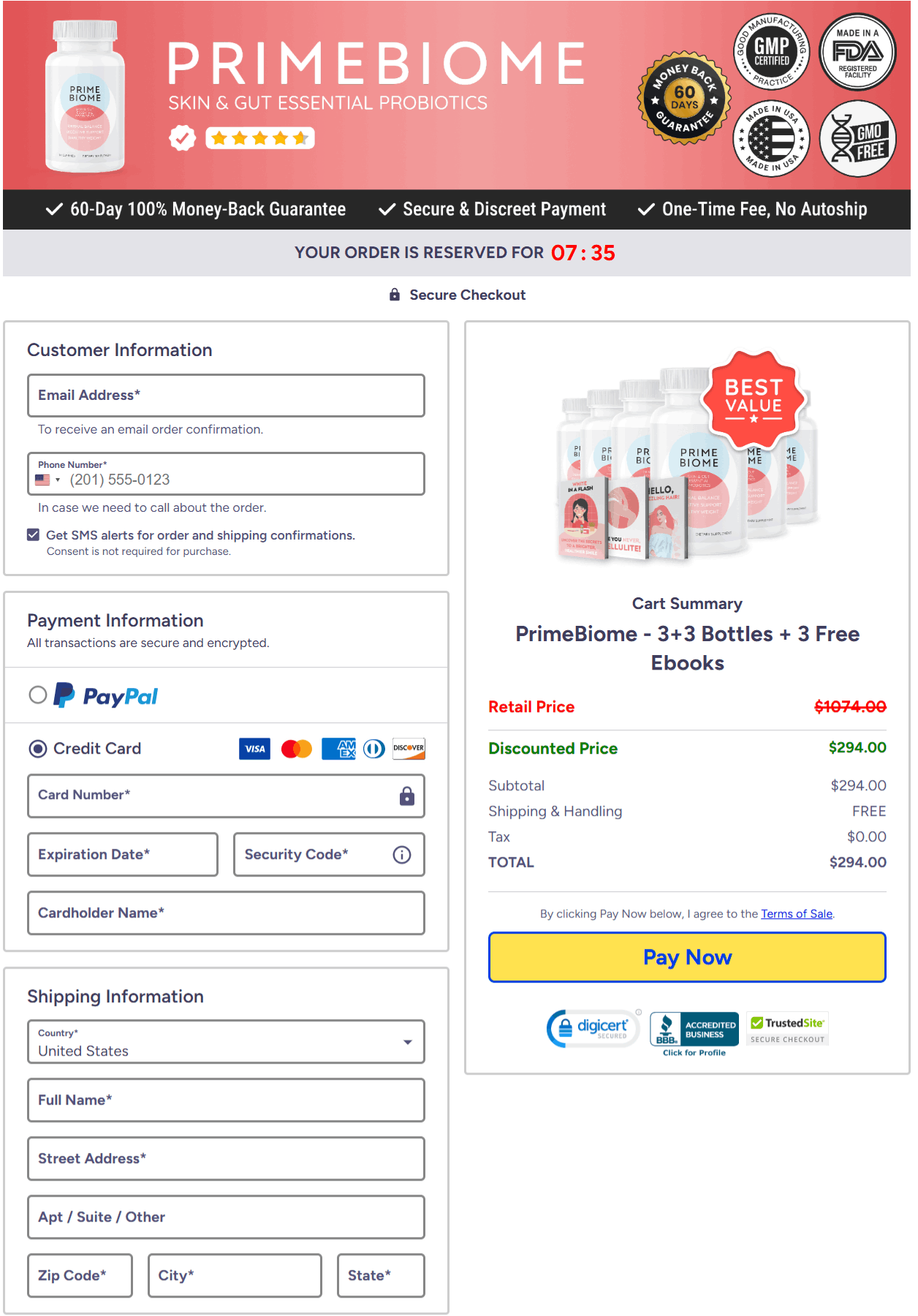 Primebiome Checkout page